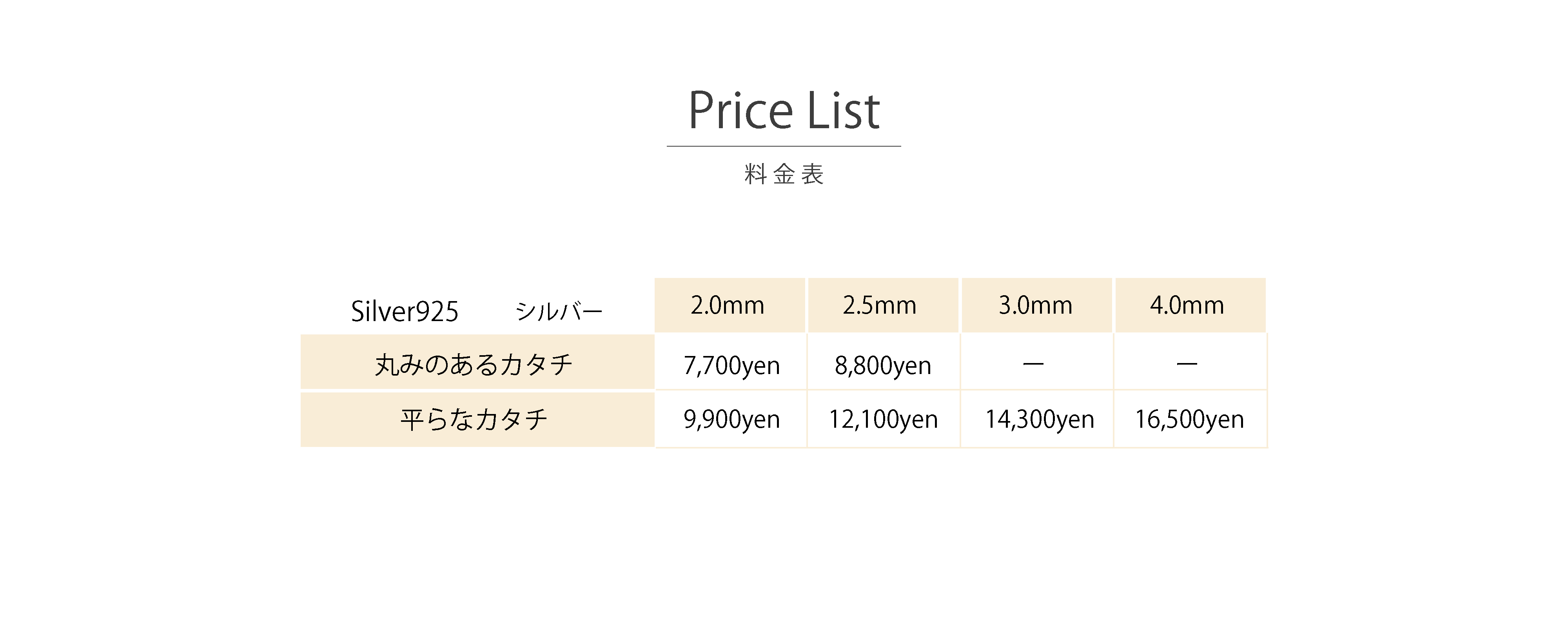 うつくしみ宇和島店バングル作り体験の価格表です