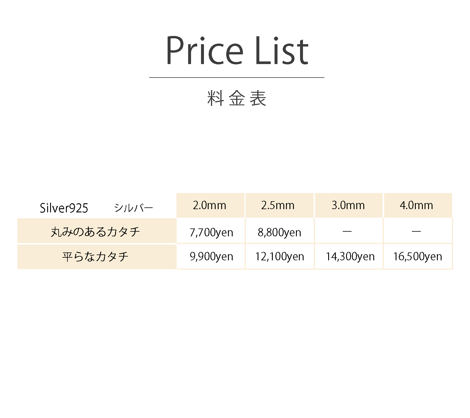 うつくしみ宇和島店バングル作り体験の価格表です