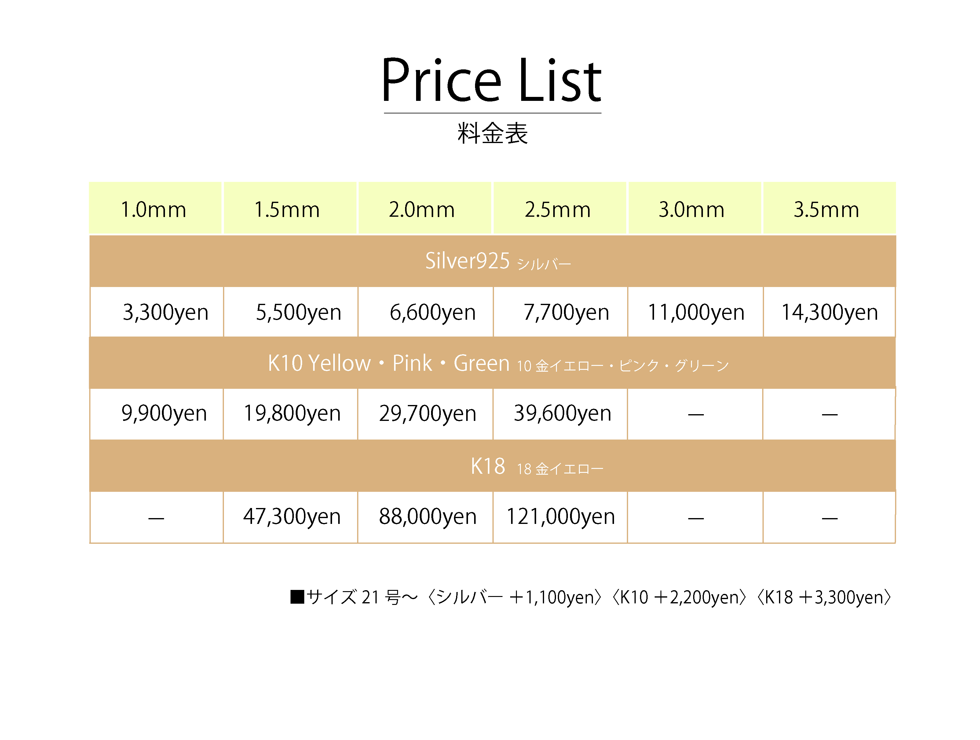 指輪作り体験価格表